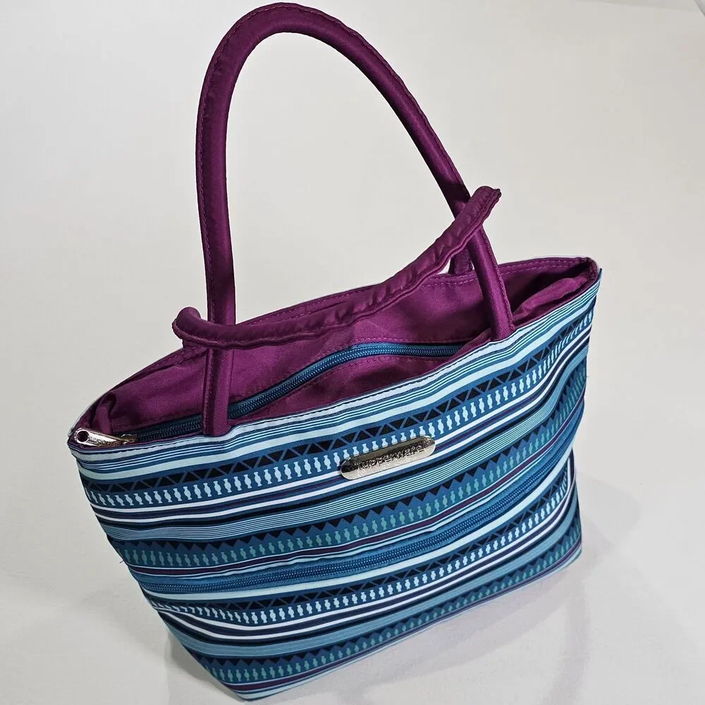 Tupperware Stylish Stripes Expandable  Insulated Lunch Tote Bag Blue Pink Green
